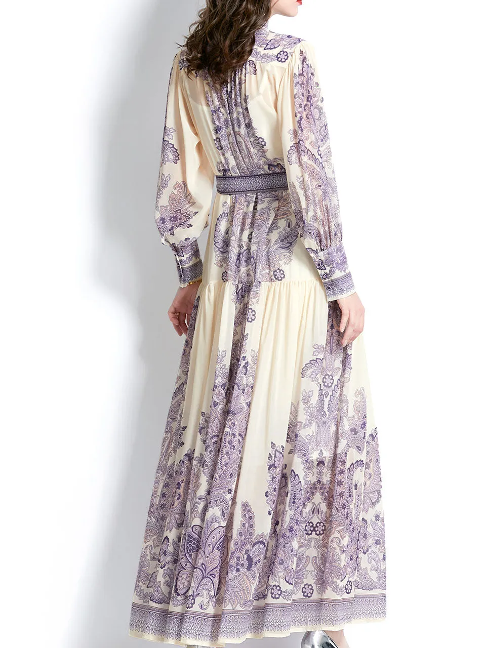 Navy Stand Collar Floral Print Long Sleeve Bohemian Dress Maxi Dress