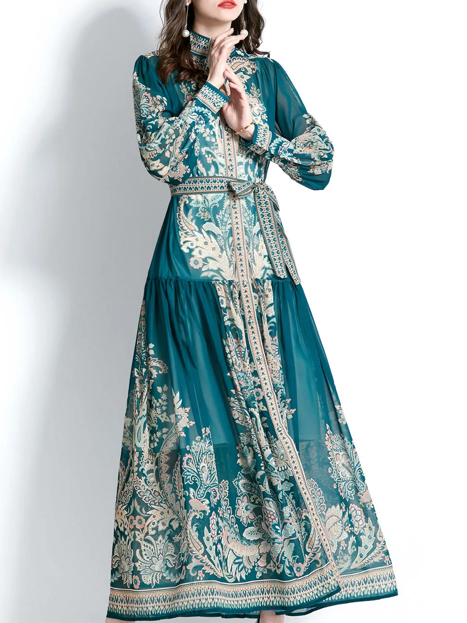 Navy Stand Collar Floral Print Long Sleeve Bohemian Dress Maxi Dress