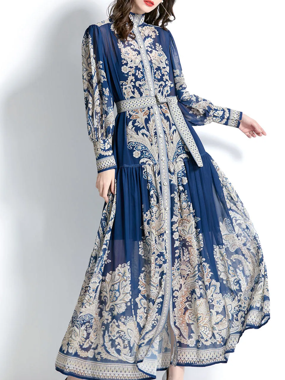 Navy Stand Collar Floral Print Long Sleeve Bohemian Dress Maxi Dress