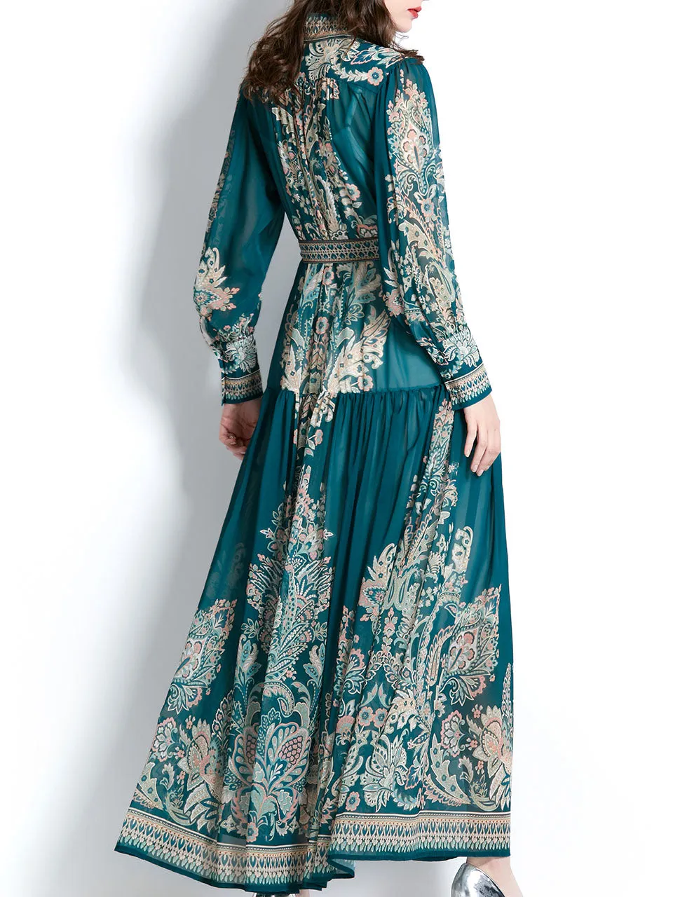 Navy Stand Collar Floral Print Long Sleeve Bohemian Dress Maxi Dress