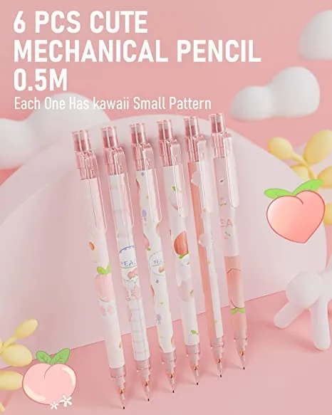 Nicpro 6PCS Mechanical Pencil Set for Girl, Cute Mechanical Pencils 0.5mm with 8 Tube HB Lead Refill, 3PCS Eraser and 12PCS Eraser Refill for Student Writing Drafing, Drawing, Sketching-with Cute Case