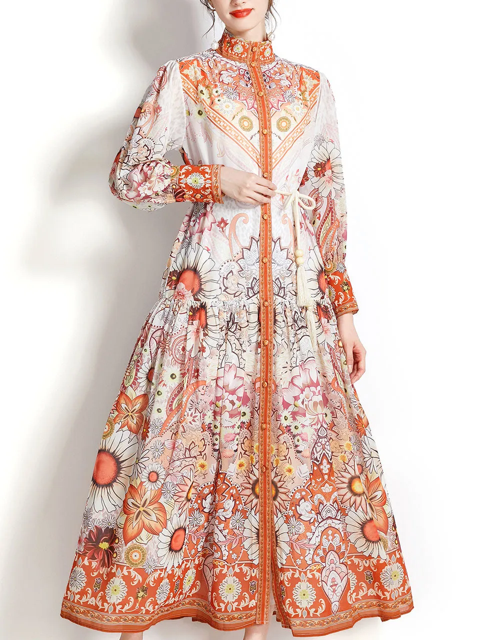 Orange Stand Collar  Print Long Sleeve Bohemian Dress Maxi Dress