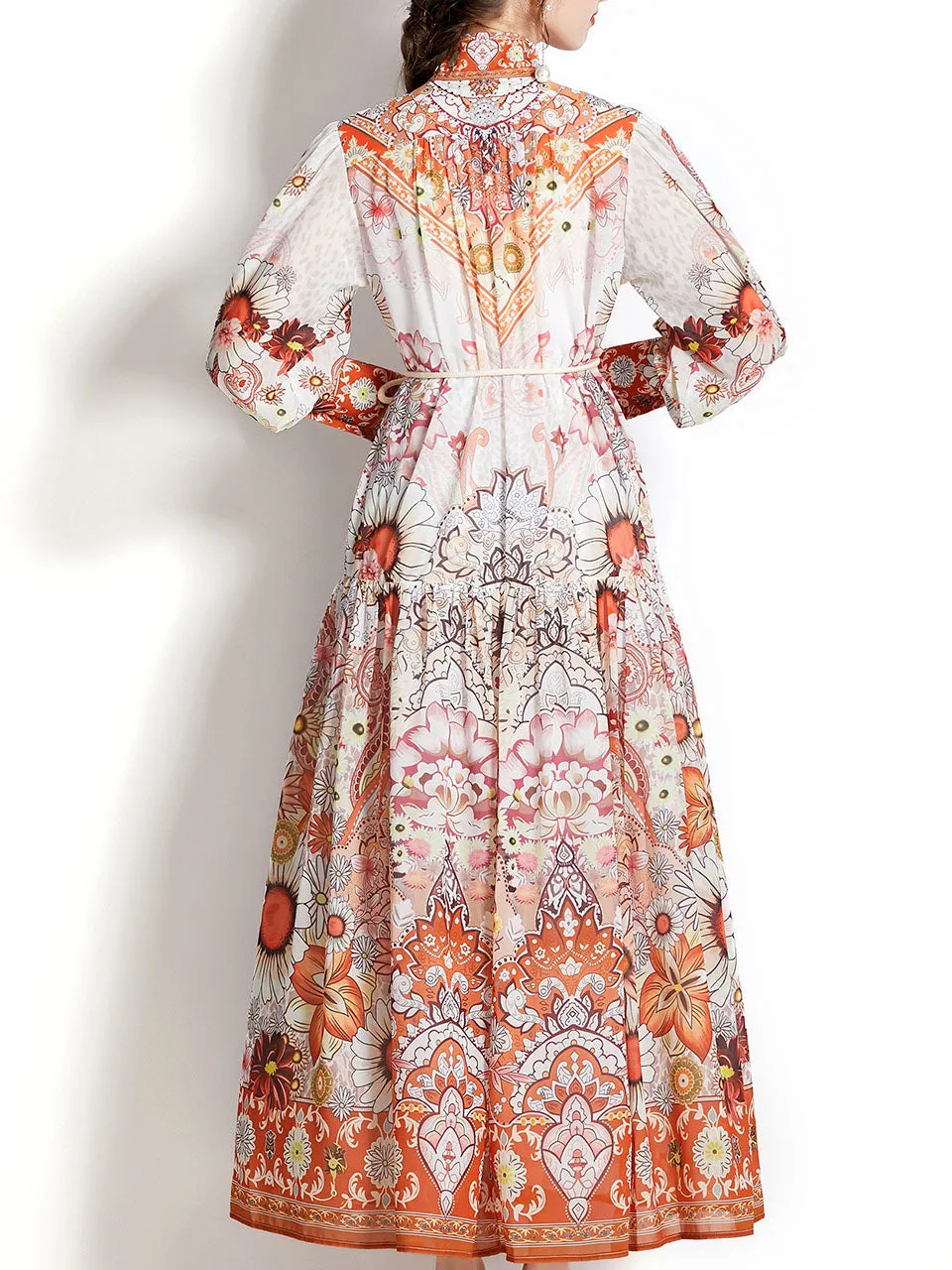 Orange Stand Collar  Print Long Sleeve Bohemian Dress Maxi Dress