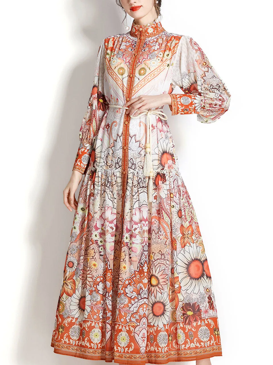 Orange Stand Collar  Print Long Sleeve Bohemian Dress Maxi Dress