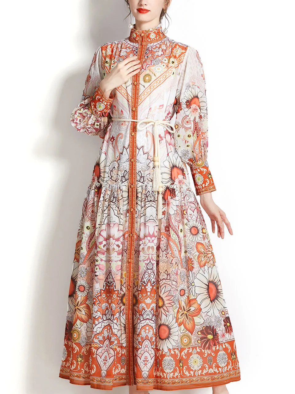 Orange Stand Collar  Print Long Sleeve Bohemian Dress Maxi Dress