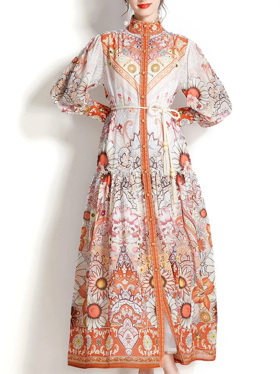 Orange Stand Collar  Print Long Sleeve Bohemian Dress Maxi Dress