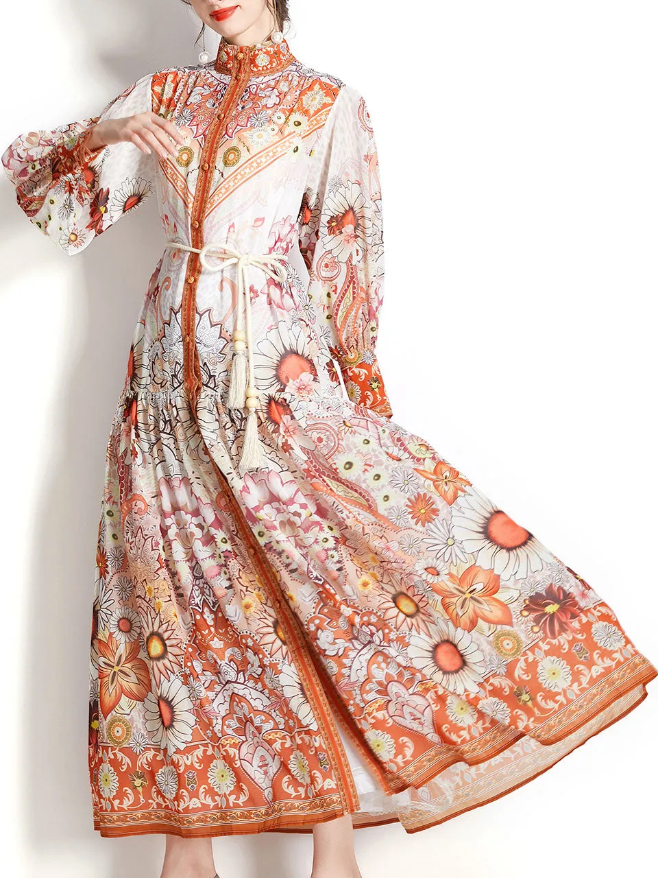 Orange Stand Collar  Print Long Sleeve Bohemian Dress Maxi Dress