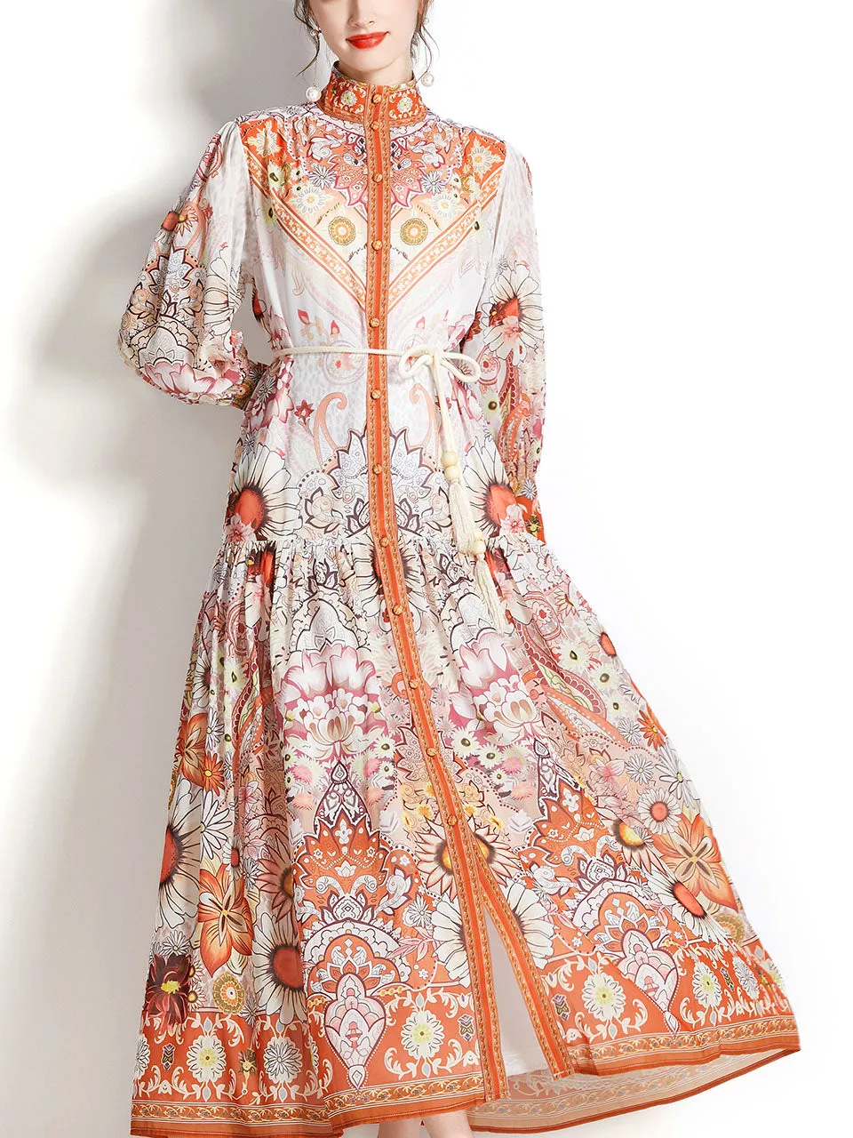 Orange Stand Collar  Print Long Sleeve Bohemian Dress Maxi Dress