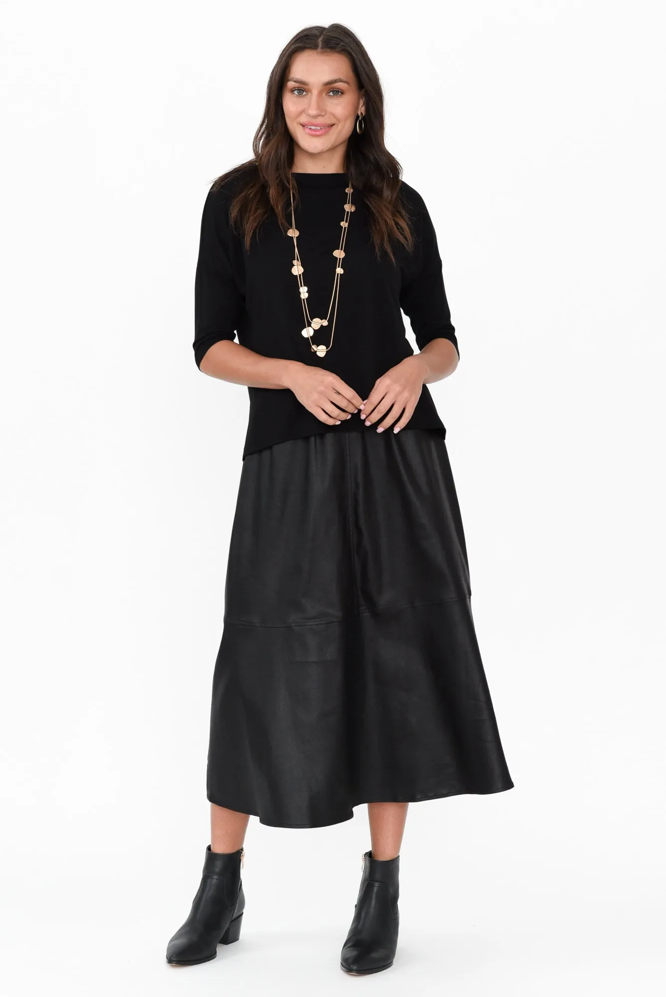 Oriel Black Faux Leather Midi Skirt