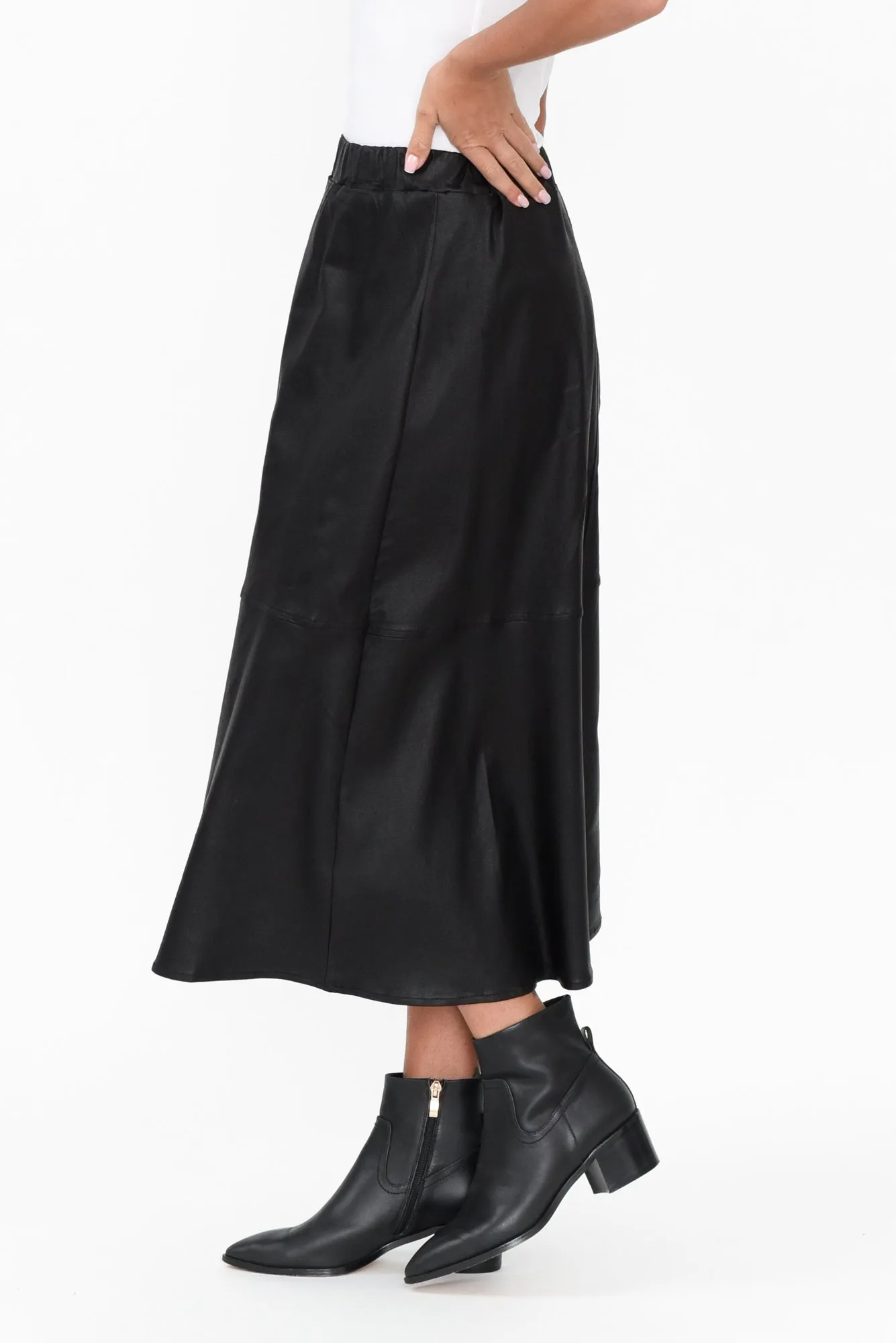 Oriel Black Faux Leather Midi Skirt