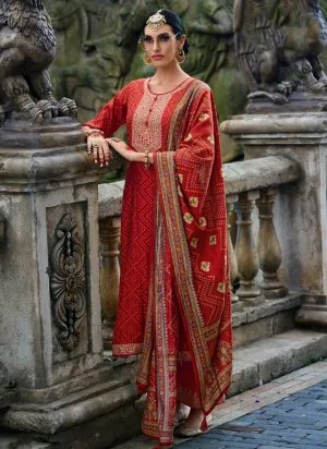 Party Wear Unstitched Muslin Salwar Suit with Fancy Work Red