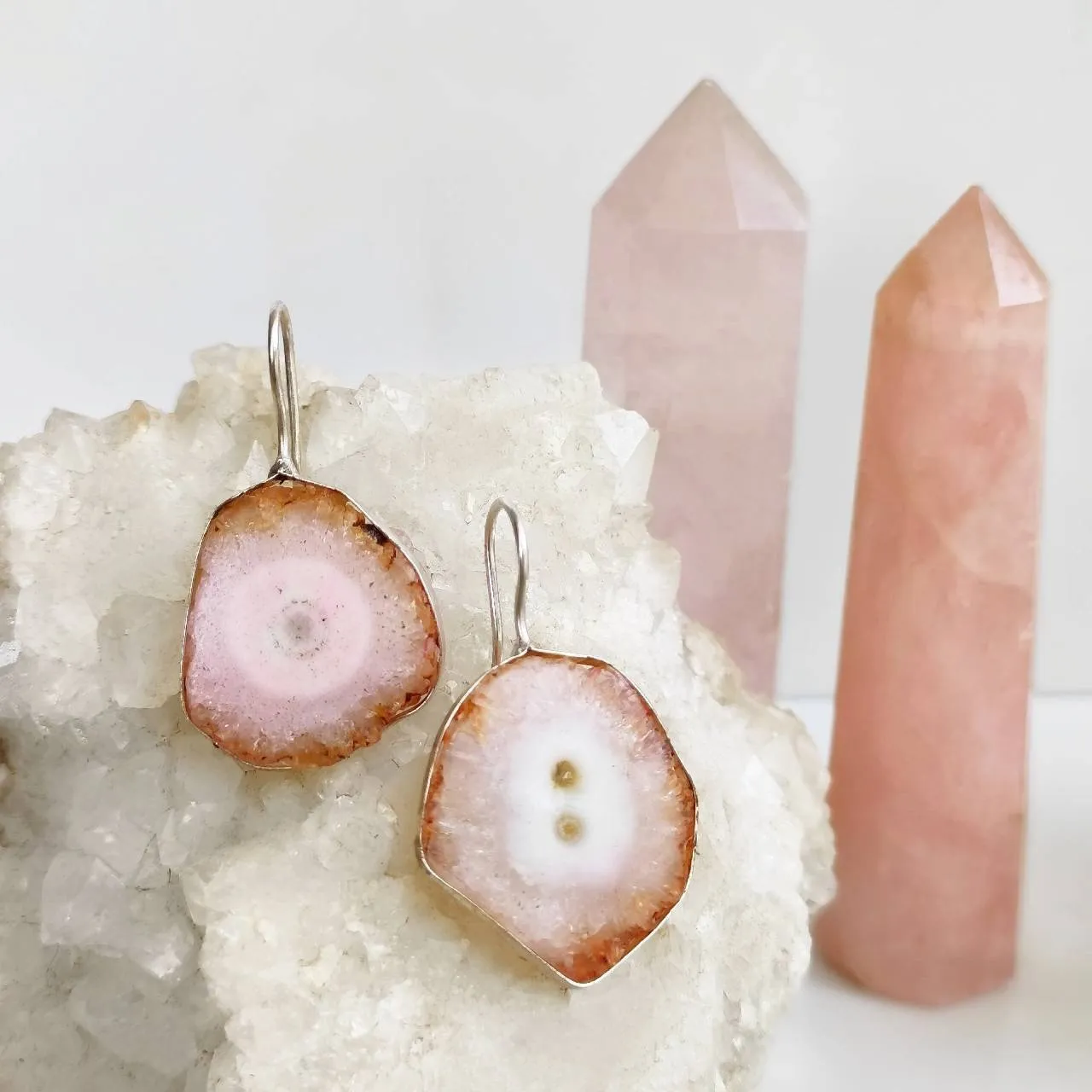 Pink Agate Geode Crystal Earrings