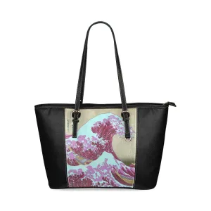 Pink Waves Off Kanagawa Leather Tote Bag