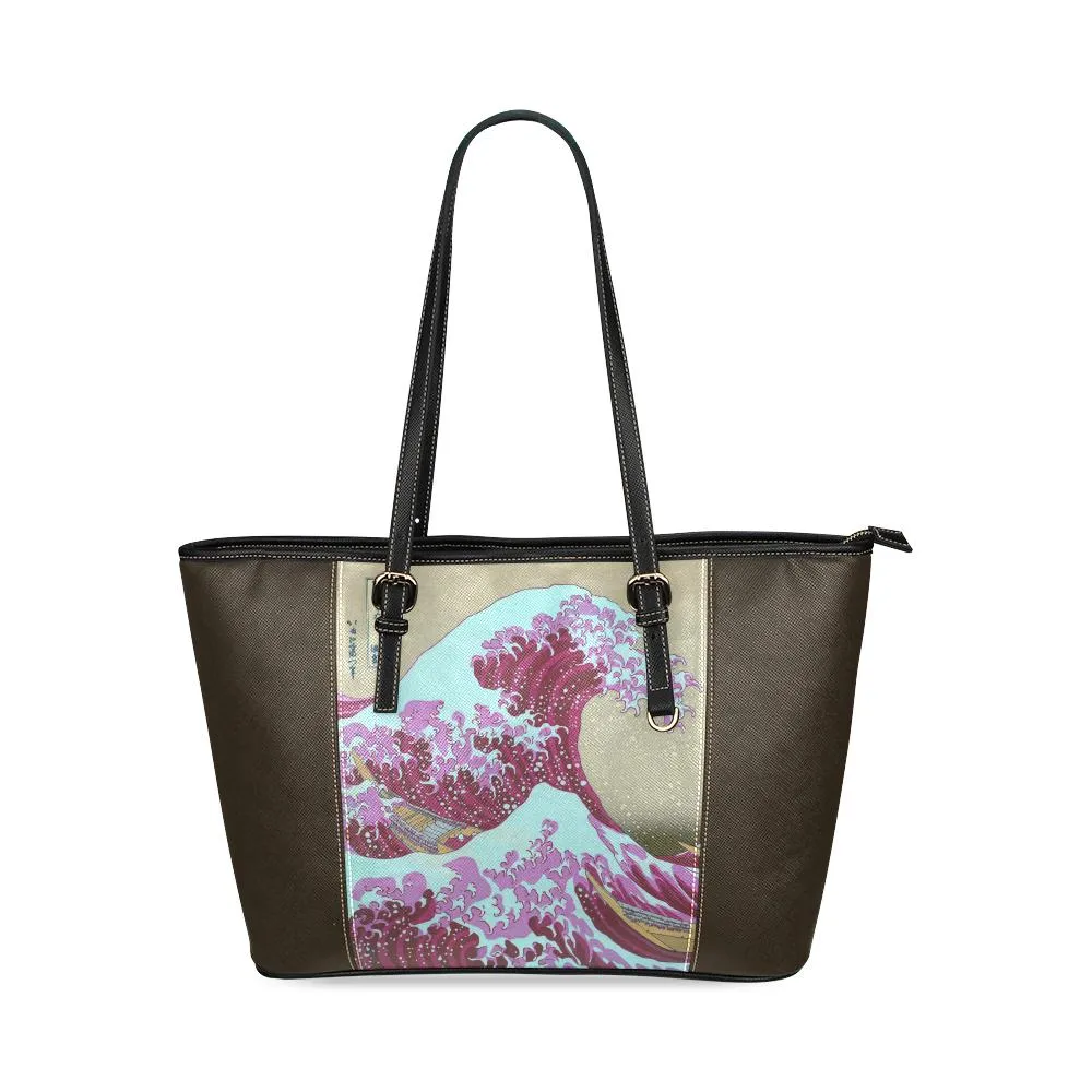 Pink Waves Off Kanagawa Leather Tote Bag