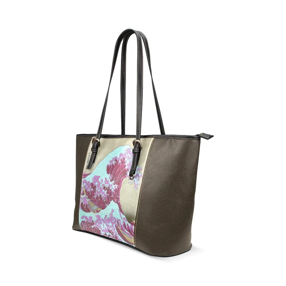 Pink Waves Off Kanagawa Leather Tote Bag