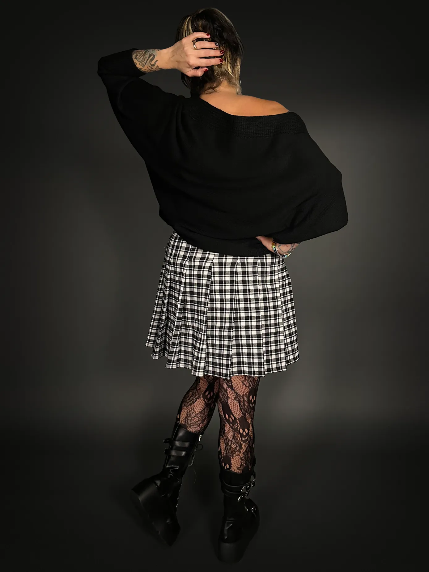 Plaid Mini Skirt with Black Front Straps High Waist Pleated in Black & White