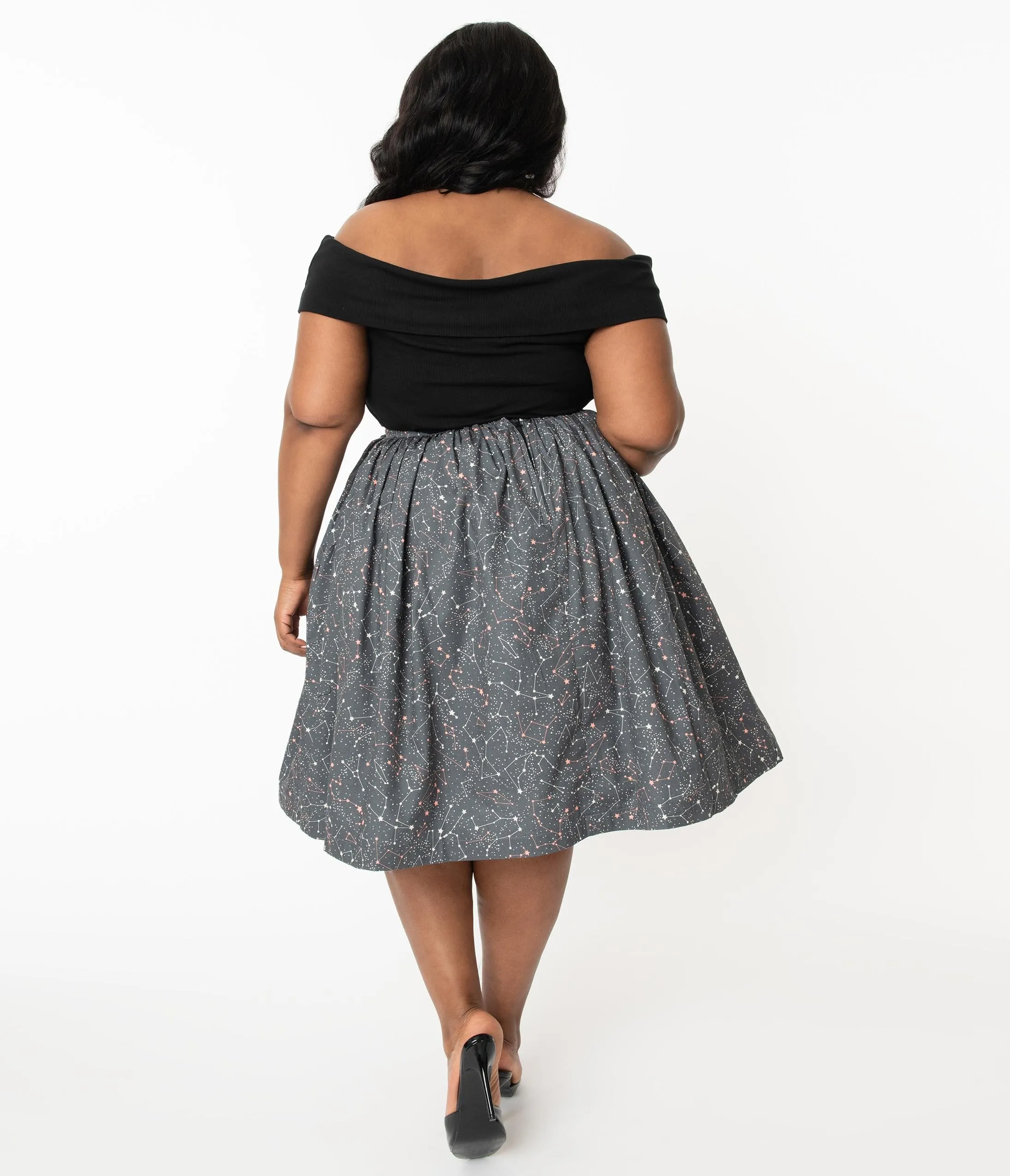 Plus Size Grey Constellation Print Gathered Swing Skirt