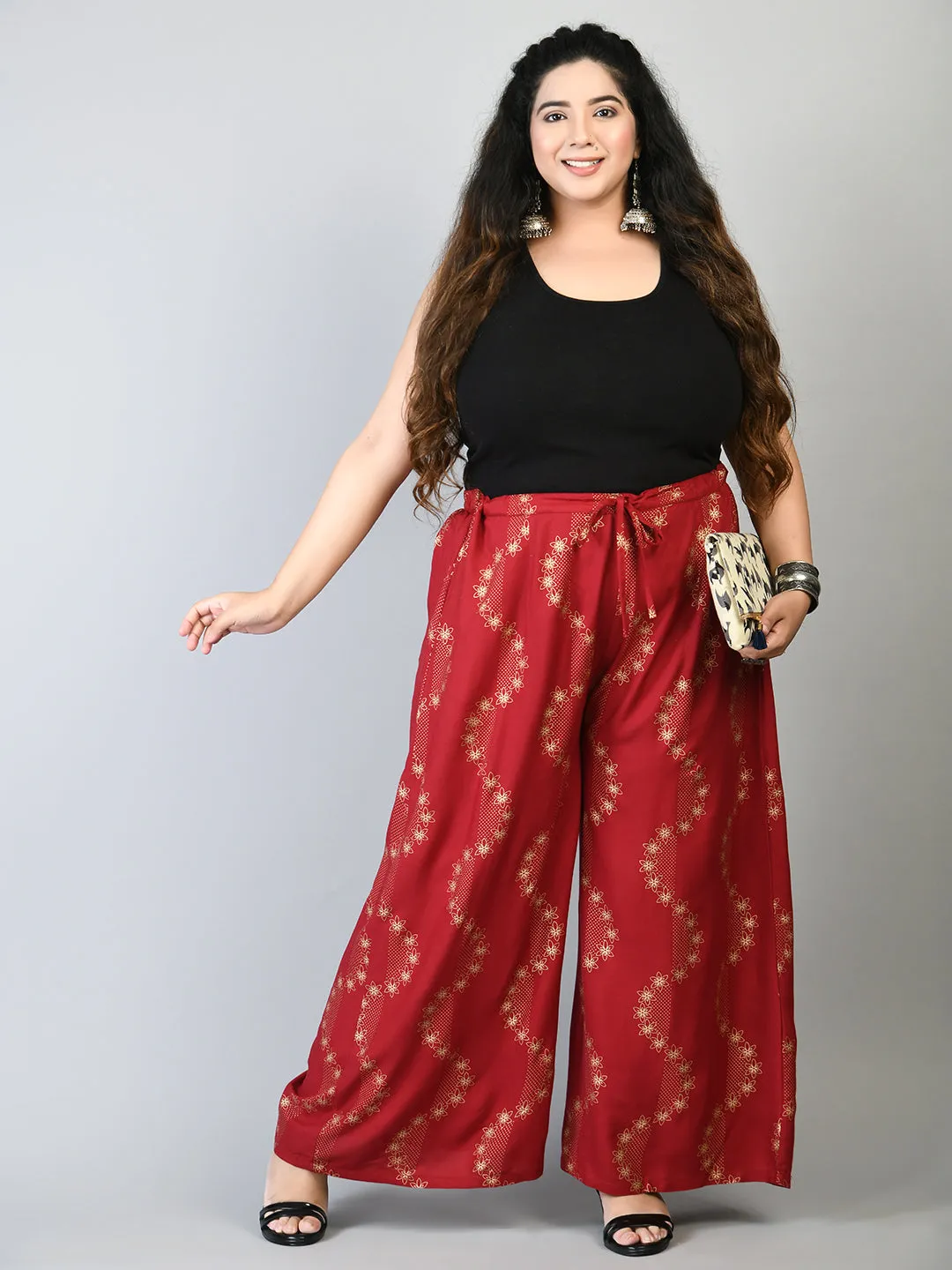 Plus Size Plus Size Red Floral Gold Printed Palazzos