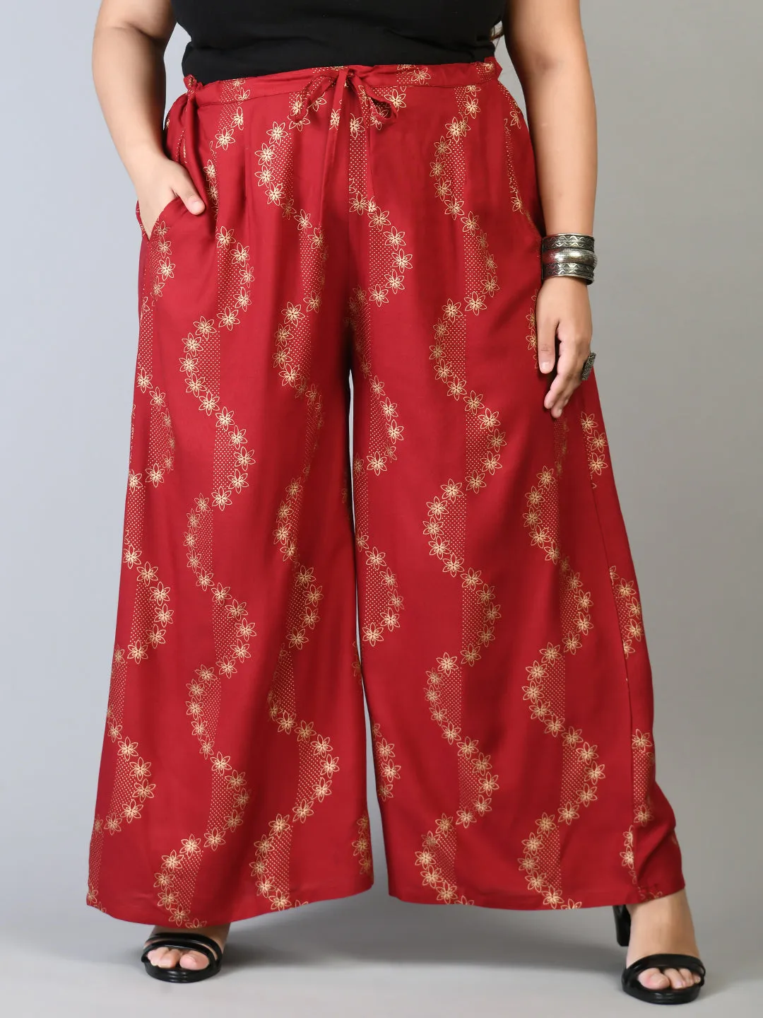 Plus Size Plus Size Red Floral Gold Printed Palazzos