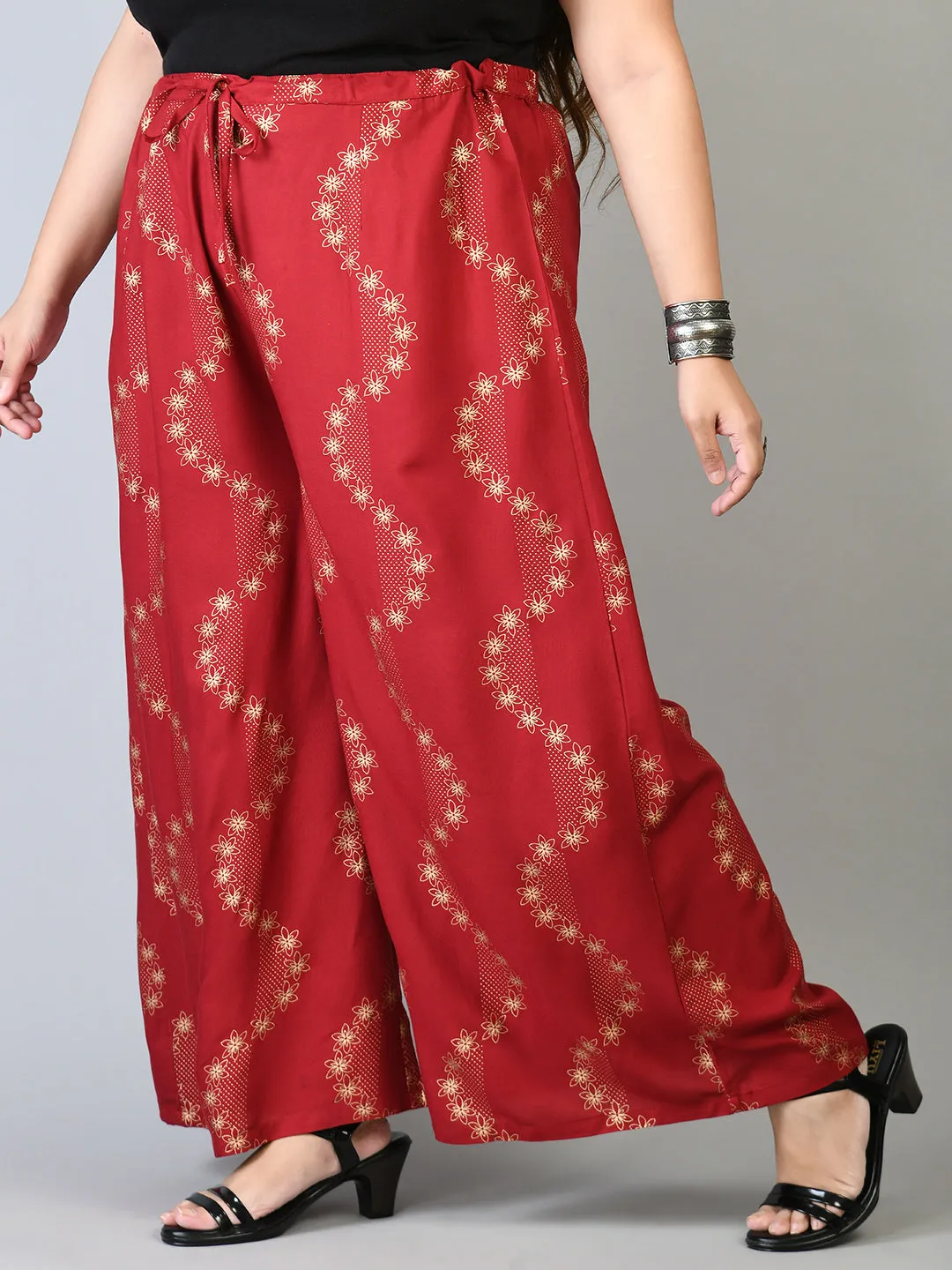 Plus Size Plus Size Red Floral Gold Printed Palazzos