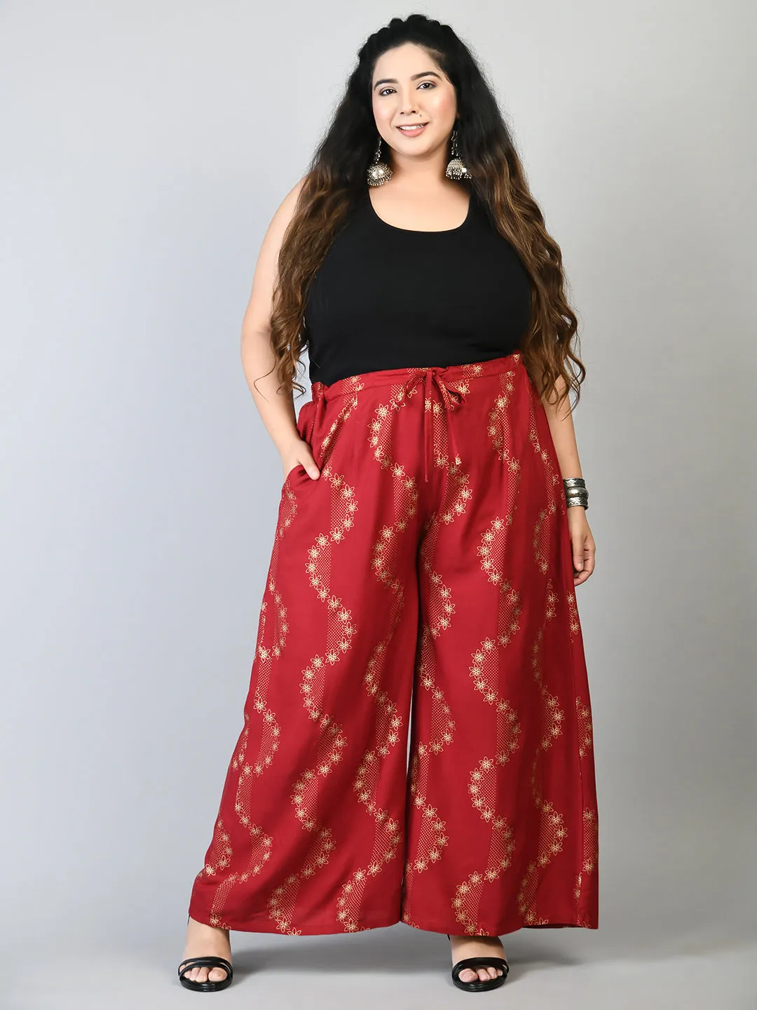 Plus Size Plus Size Red Floral Gold Printed Palazzos