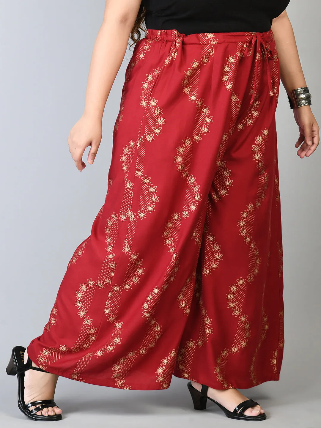 Plus Size Plus Size Red Floral Gold Printed Palazzos