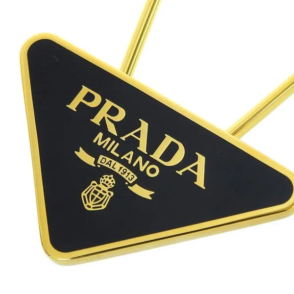 Prada Enameled Metal Logo Pin Key Ring Black and Gold Purse Charm