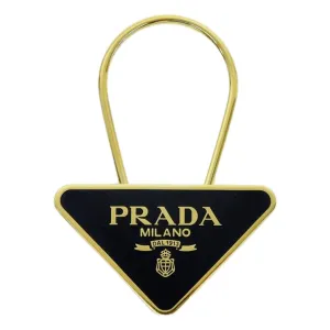 Prada Enameled Metal Logo Pin Key Ring Black and Gold Purse Charm