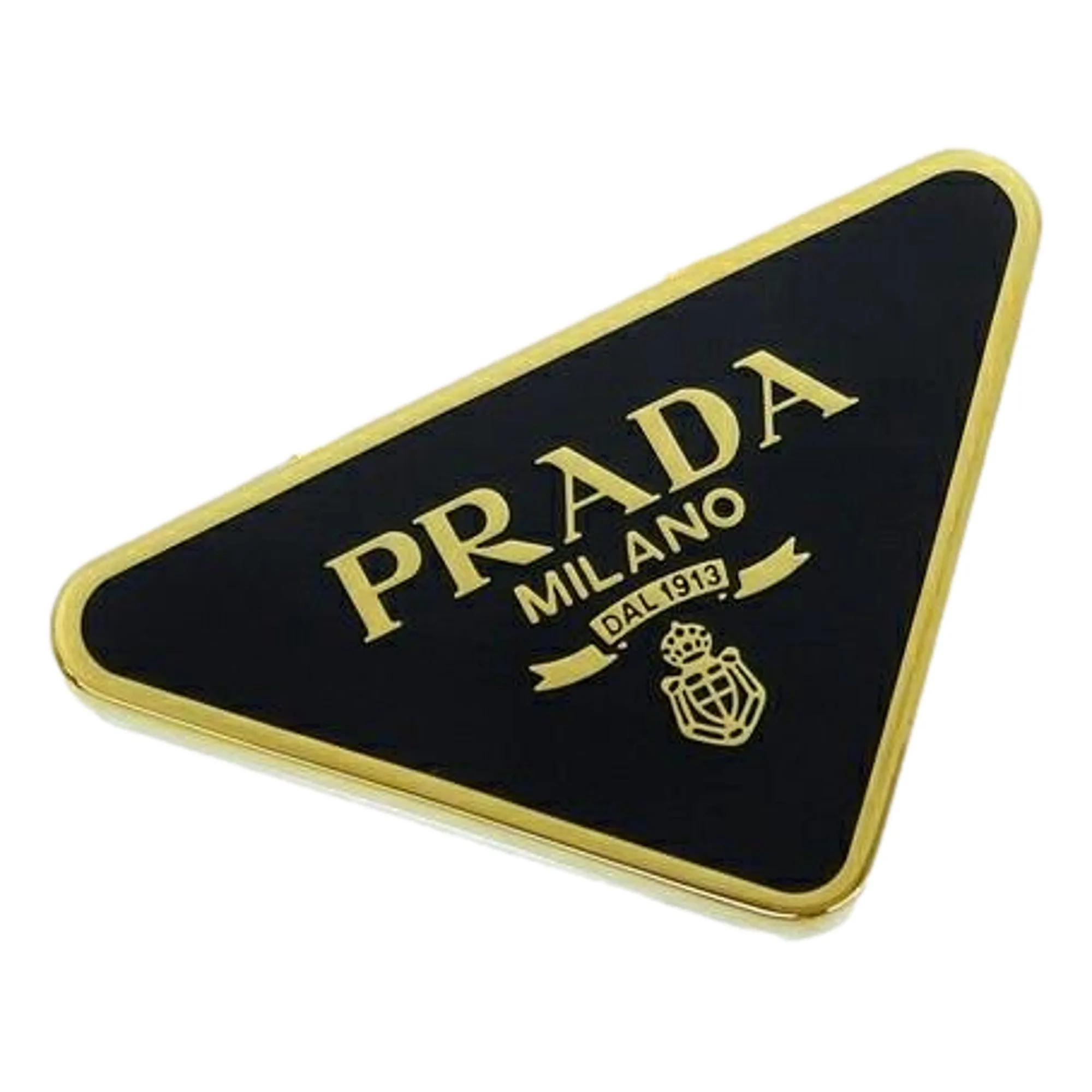 Prada Enameled Metal Logo Pin Key Ring Black and Gold Purse Charm