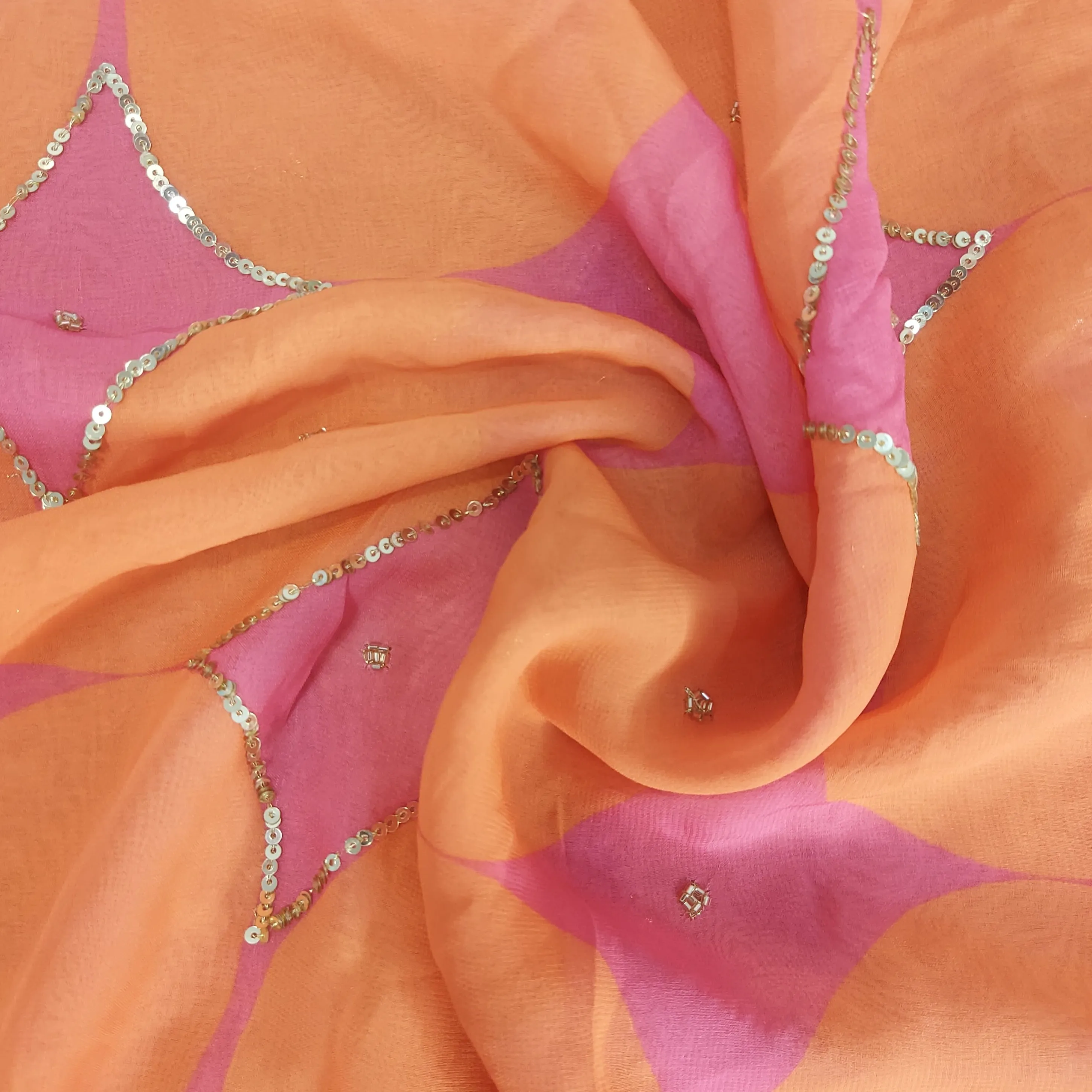 Premium Orange and Pink Geometrical Print Georgette Fabric