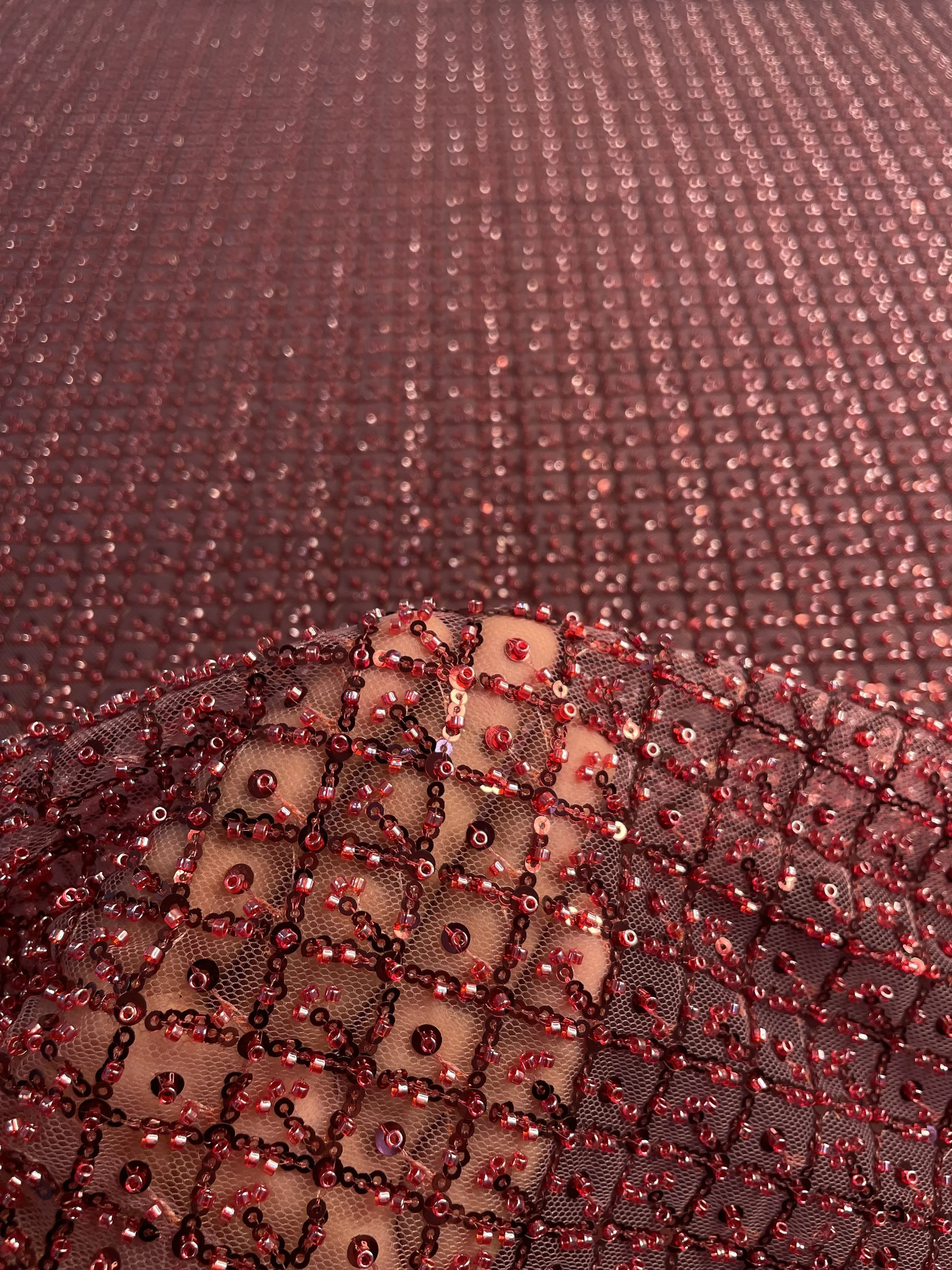 Premium Pomegranate Red Heavy Pearl Sequins CutDana Embroidery Net Fabric