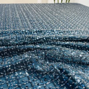 Premium Teal Blue Heavy Sequins CutDana Embroidery Net Fabric