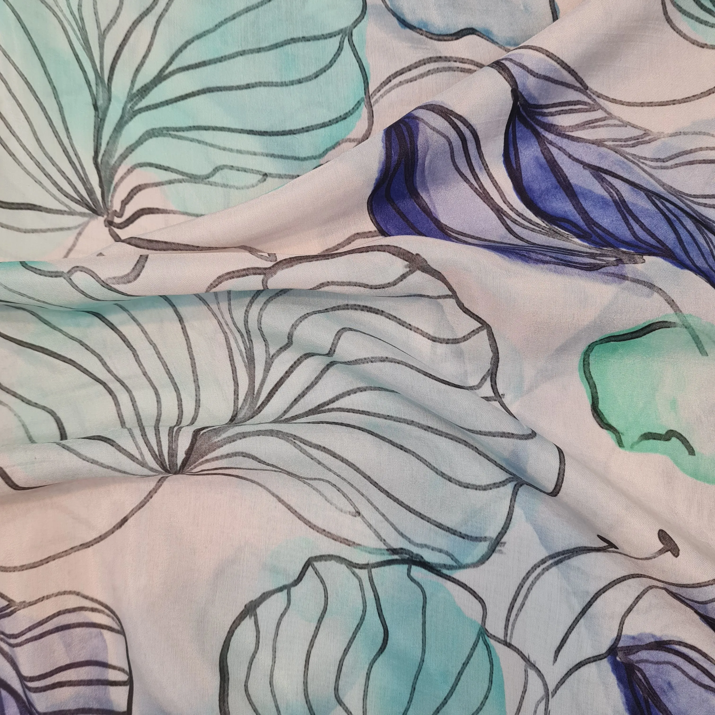 Premium White and Blue Print Muslin Fabric