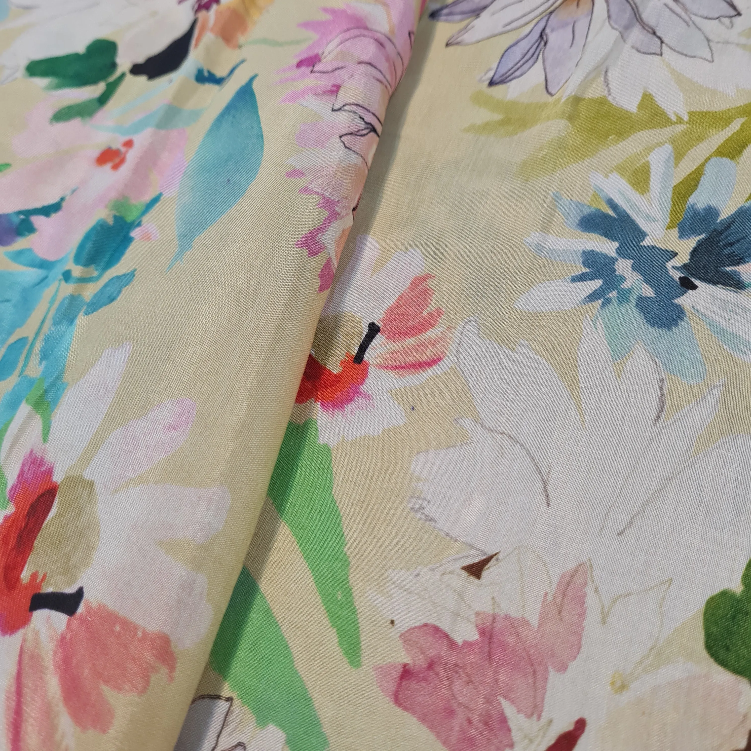 Premium Yellow Watercolor Floral Print Muslin Fabric