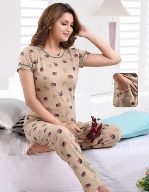 Printed Cotton night suit design for ladies Brown