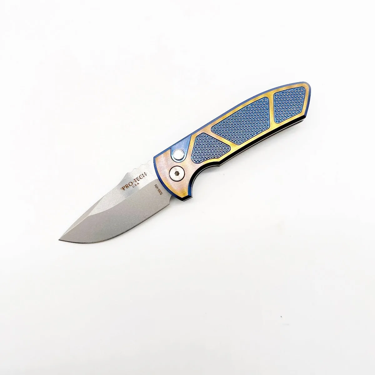 Pro-Tech 2023 SBR Custom 006 Stonewashed S35VN Blade Two-Tone Blue/Bronze Knurled Titanium Handles