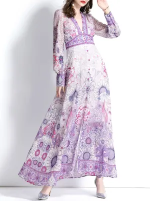 Purple V Neck Ruffles Lantern Sleeve Bohemian Dress Maxi Dress