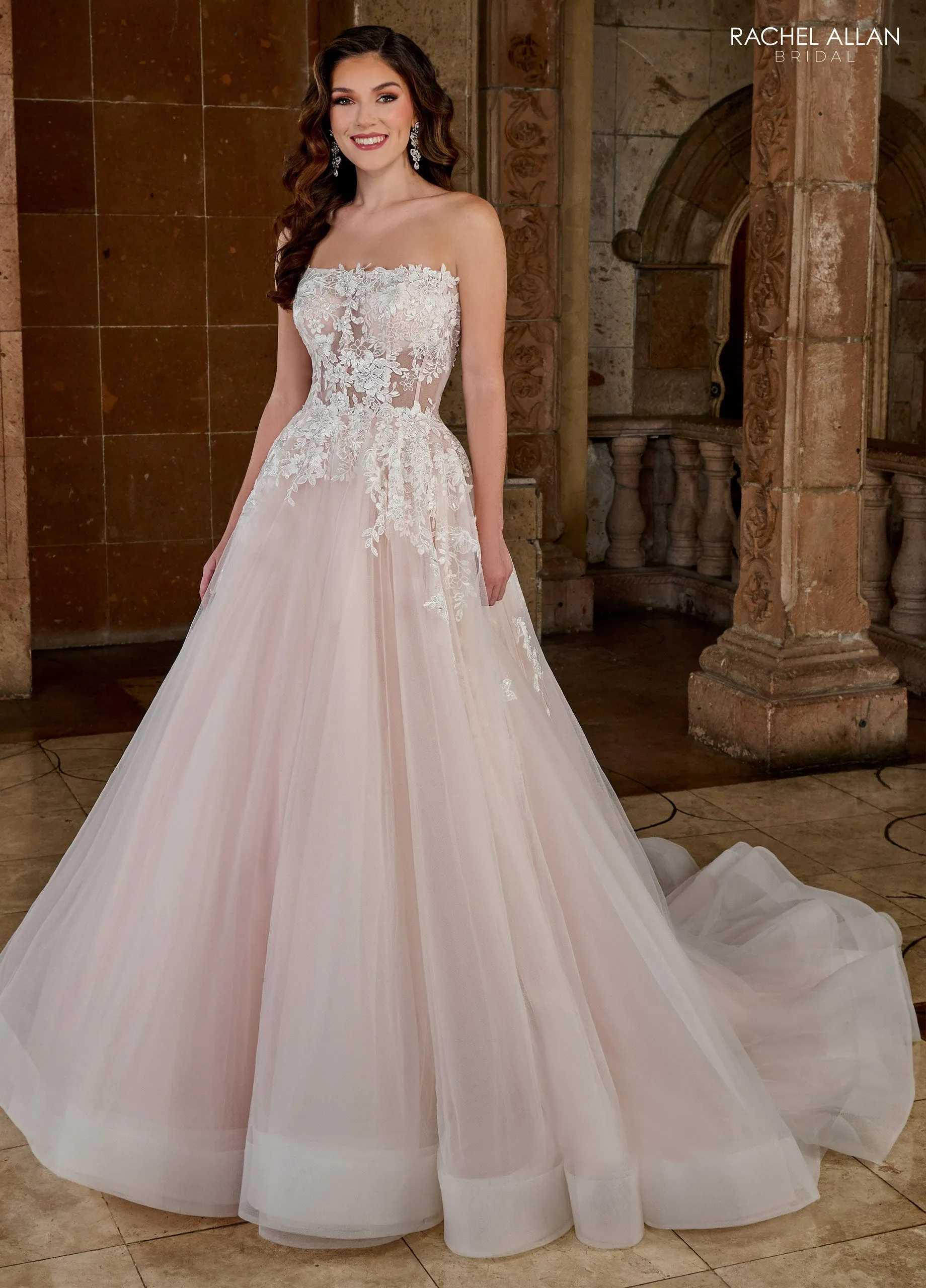 Rachel Allan RB5054 A-Line Tulle Dress with Strapless Sheer Bodice and Applique Beading