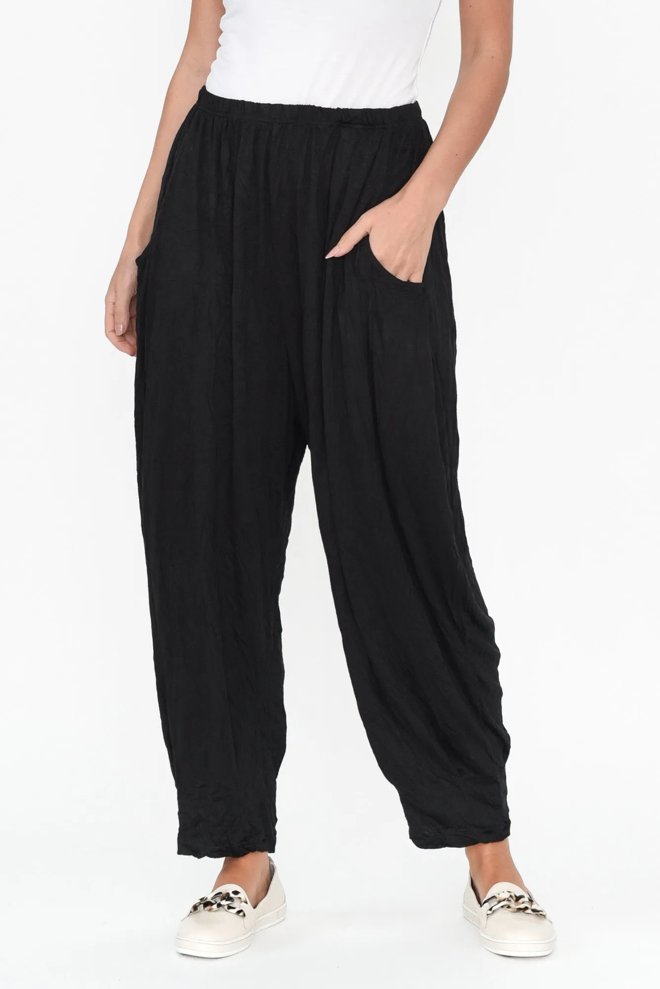 Rylee Black Crinkle Cotton Pants