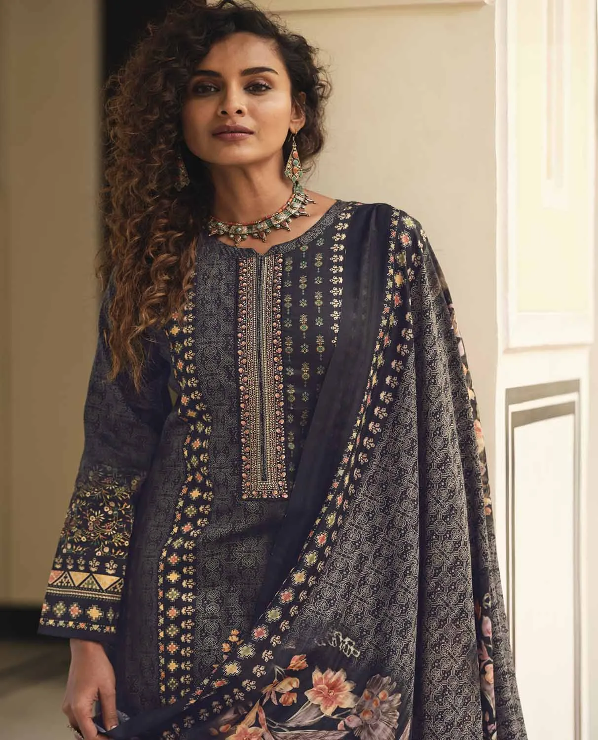 Sadhana Cotton Silk Embroidered Women Unstitched Black Suit Material