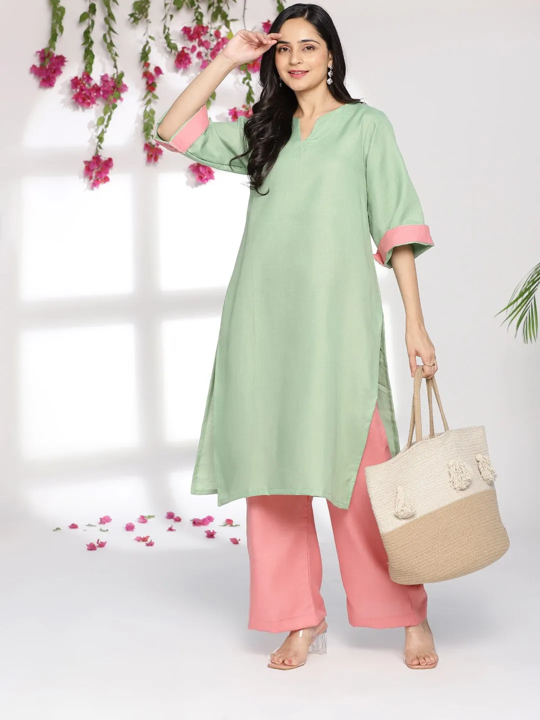 SageGreen CottonSlub LongKurta