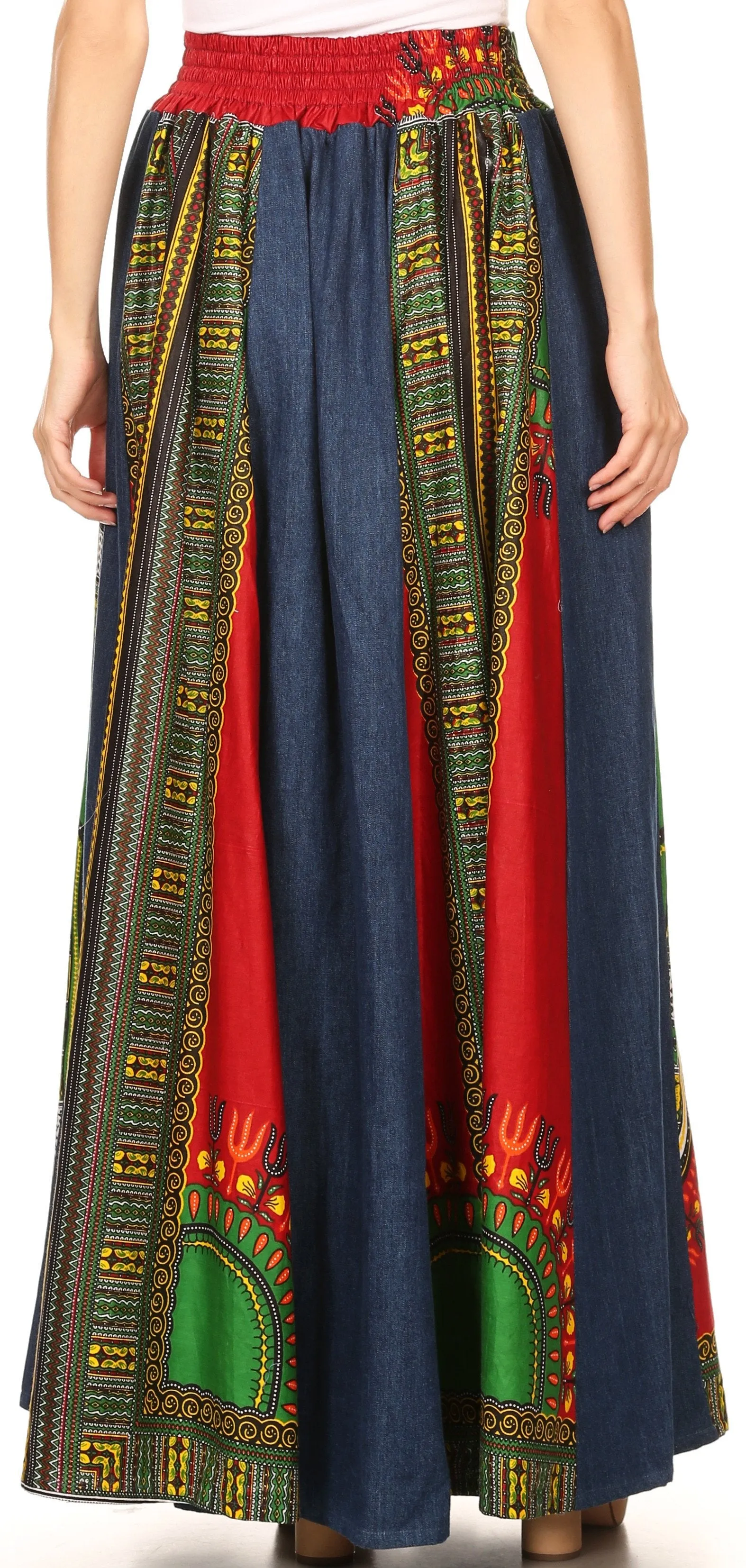 Sakkas Marah Tribal Ankara Wax Print and Denim Convertible Maxi Skirt