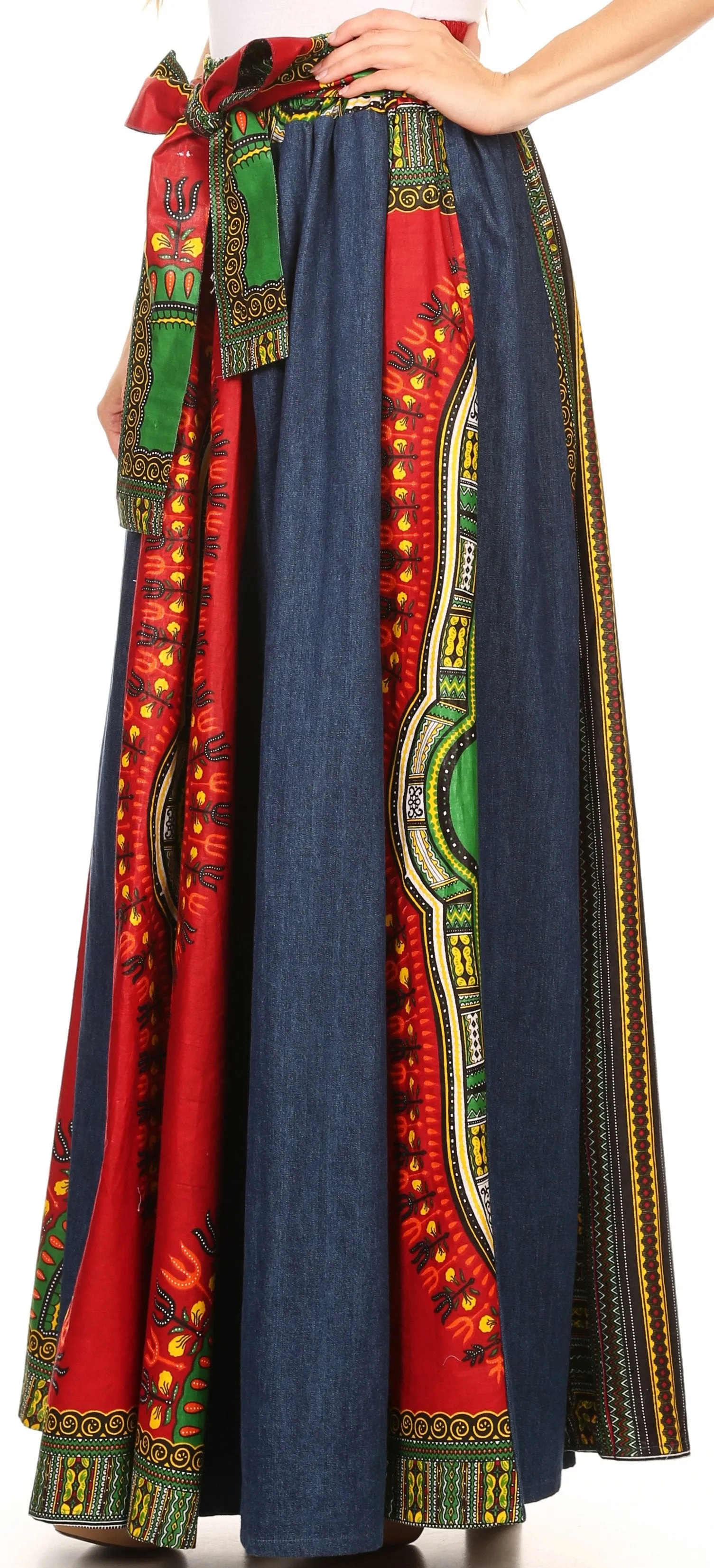 Sakkas Marah Tribal Ankara Wax Print and Denim Convertible Maxi Skirt