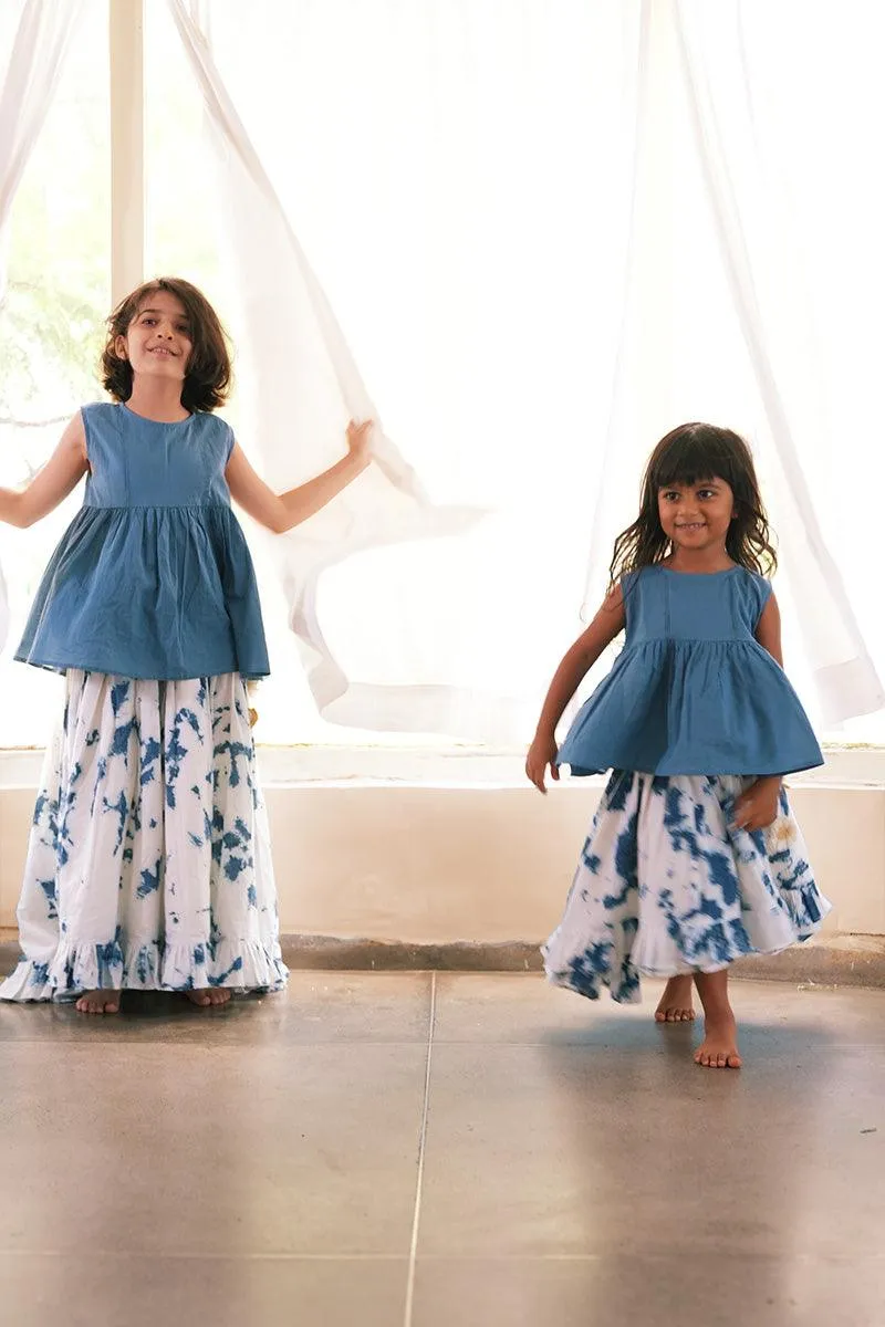 Set of 2 - 'Blue Sky’ top and high low tie and dye skirt in indigo