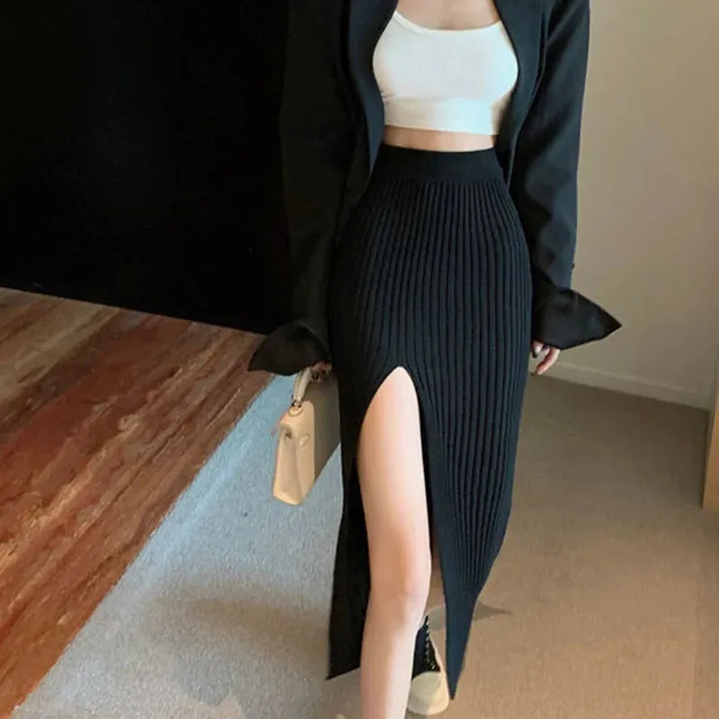 Sexy Elegant Slim Fit High-Waisted Knitted Trendy Chic Autumn Winter Midi Skirt