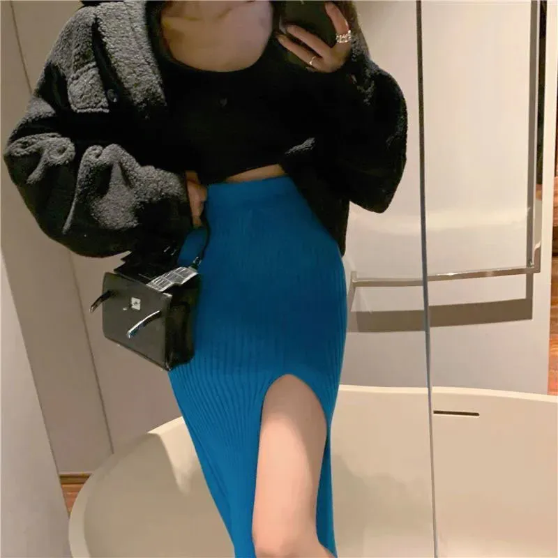 Sexy Elegant Slim Fit High-Waisted Knitted Trendy Chic Autumn Winter Midi Skirt