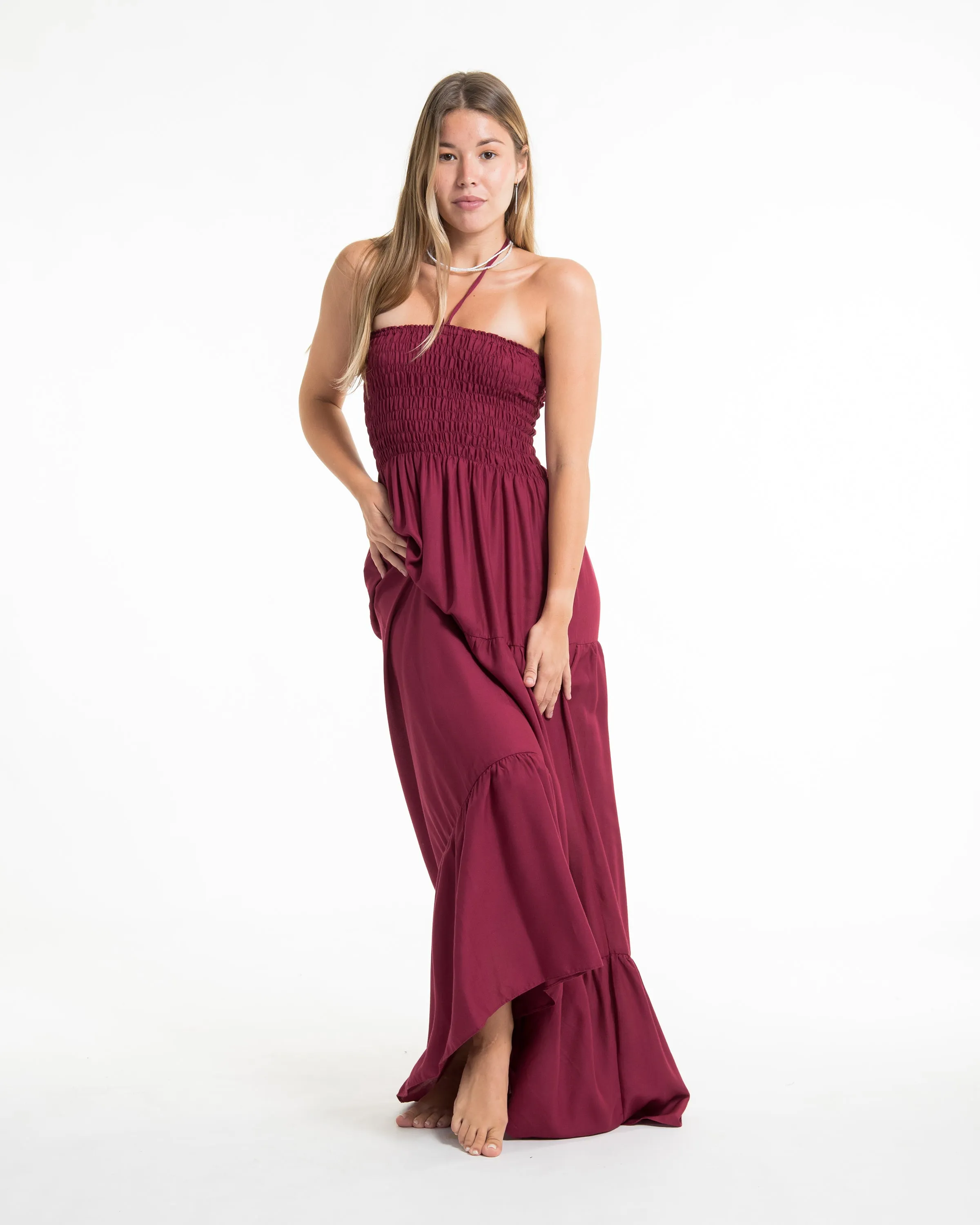 Solid Color Smocked Maxi Dress in Red