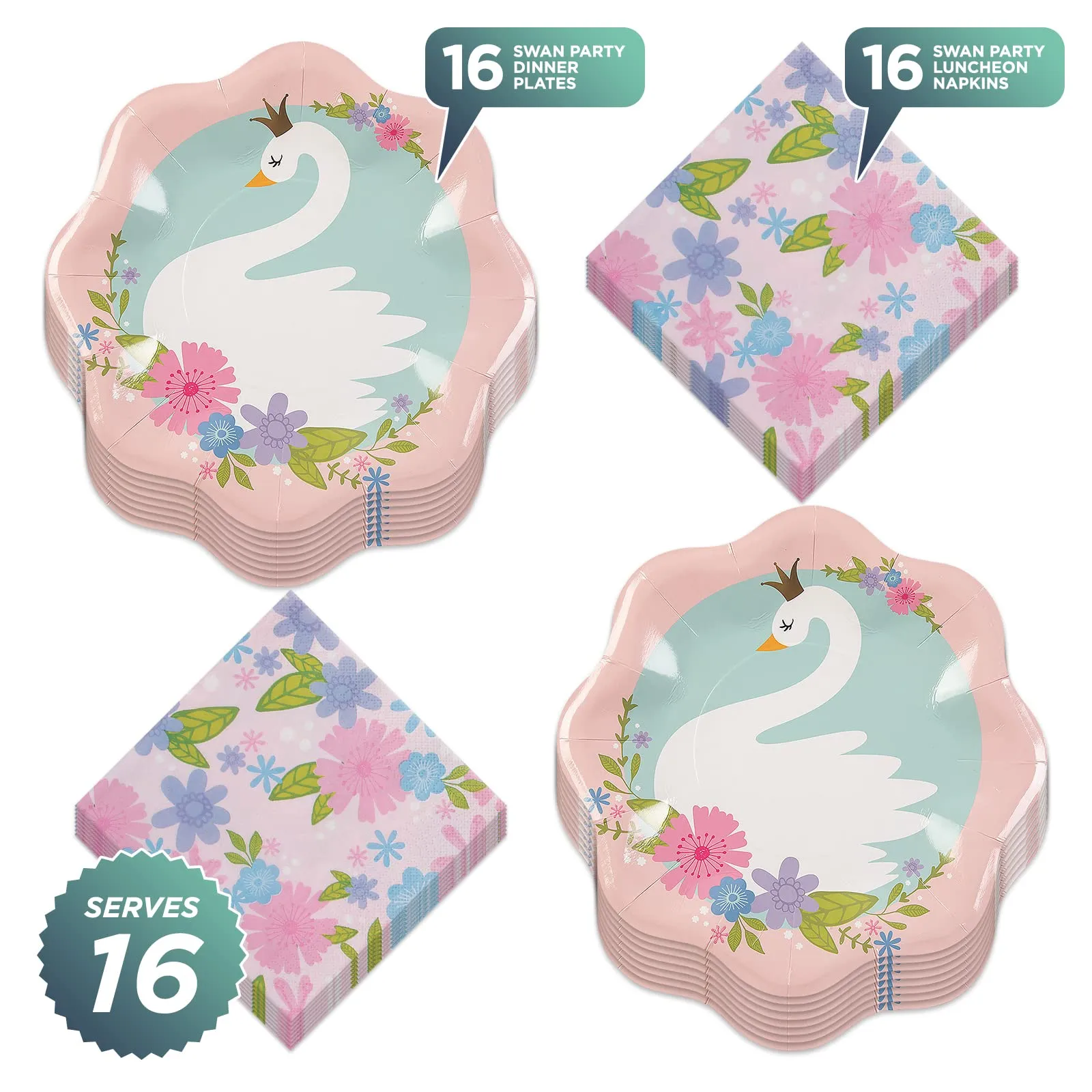 Swan Party Supplies - Sweet Swan Floral Paper Dinner Plates and Lunch Napkins (Serves 16)