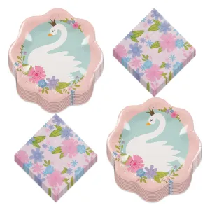 Swan Party Supplies - Sweet Swan Floral Paper Dinner Plates and Lunch Napkins (Serves 16)