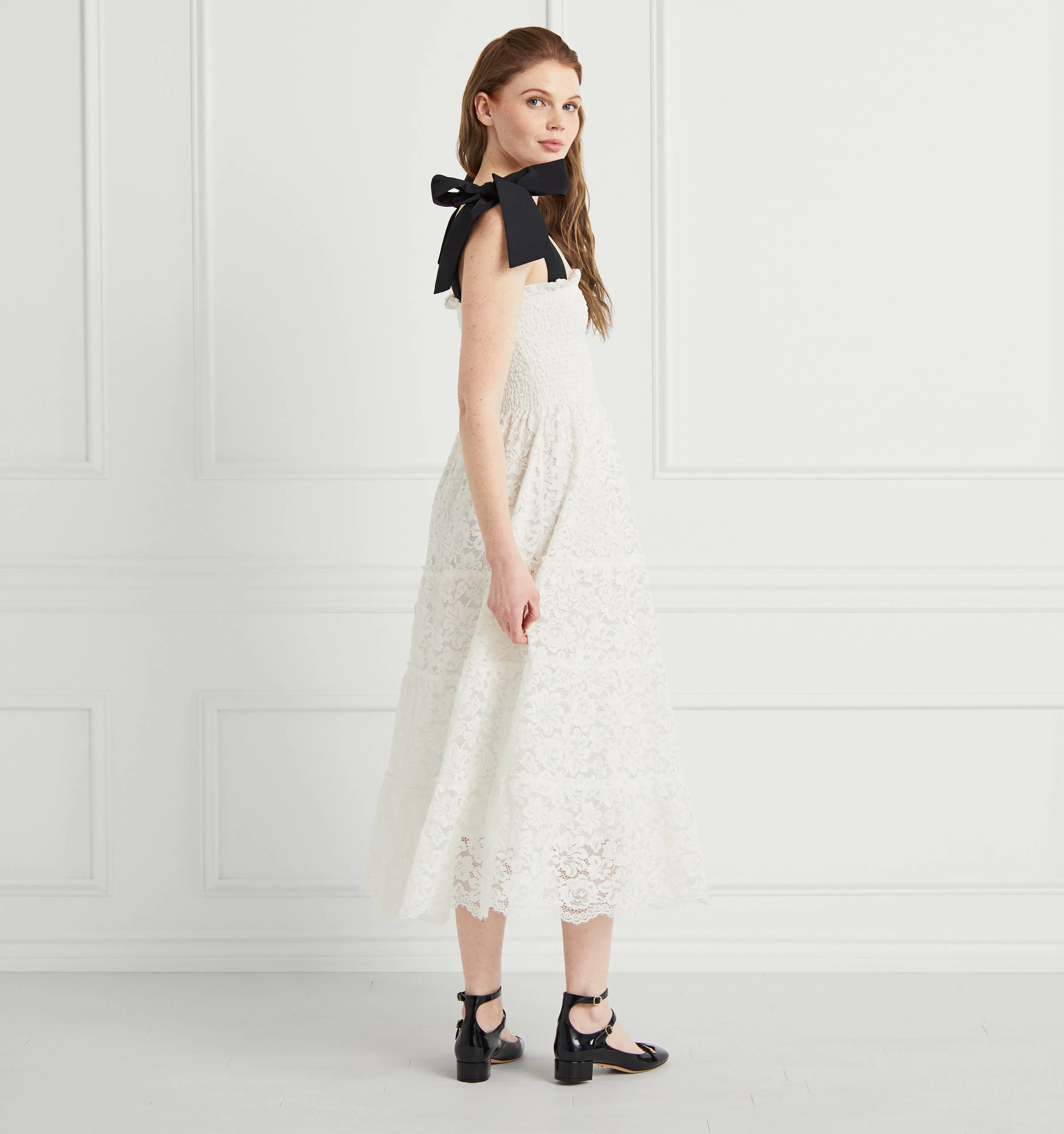 The Lace Ribbon Ellie Nap Dress - White Lace with Black Ribbon